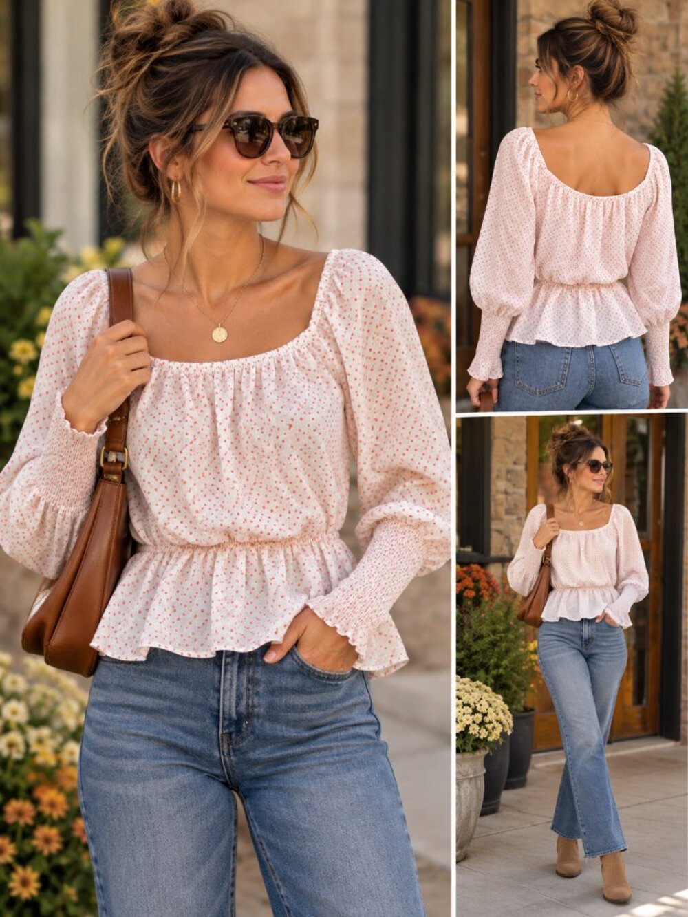 Peach Love California Large Polka Dot Peplum Blouse Smocked Cuff Cottagecore Boh
